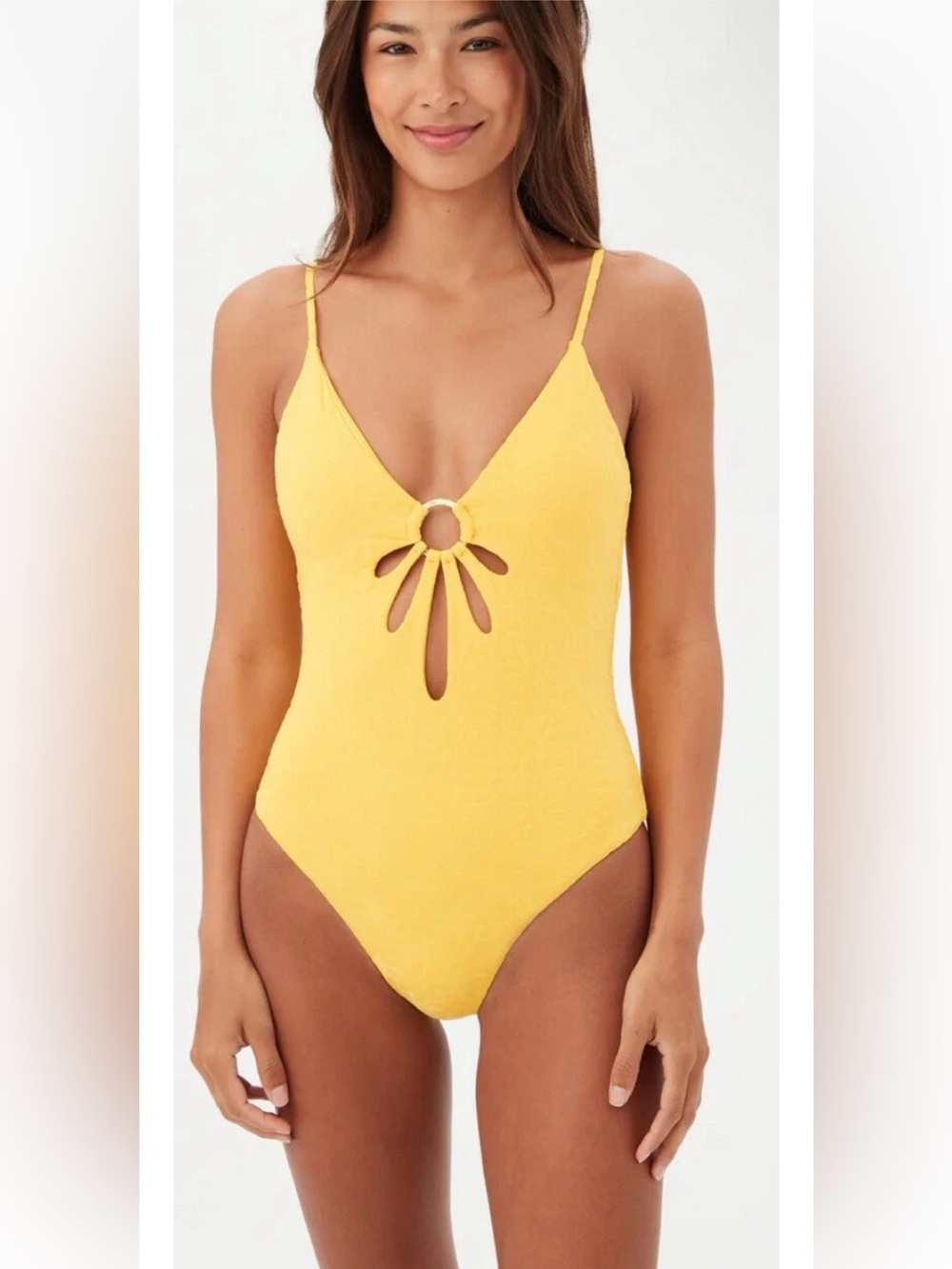 Trina Turk Joplin Jacquard Petal Flower Cut Out One Piece Swimsuit Yellow 10